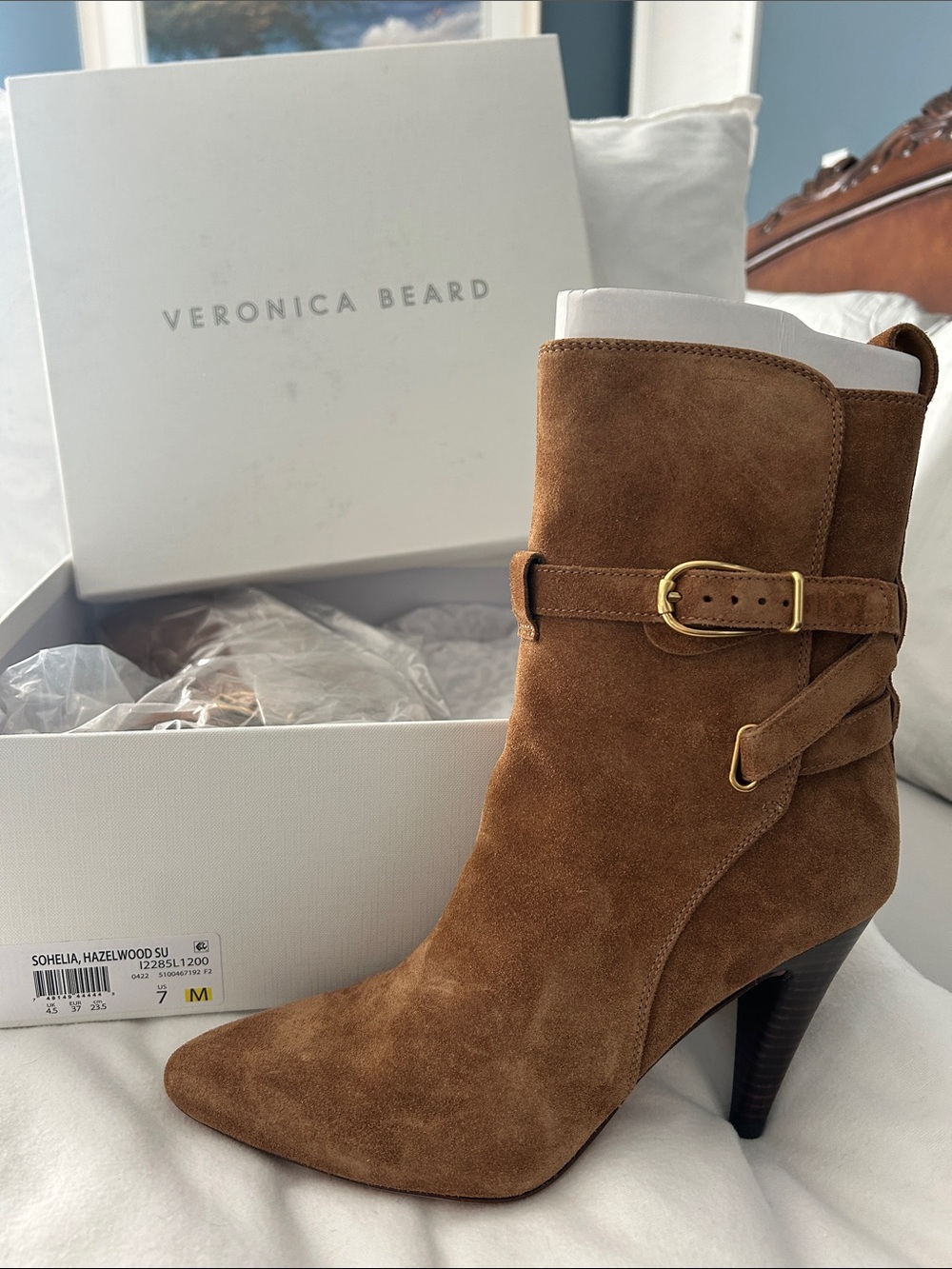 Veronica Beard Sohelia Brown Suede Pointed-Toe Ankle Boot with Buckle